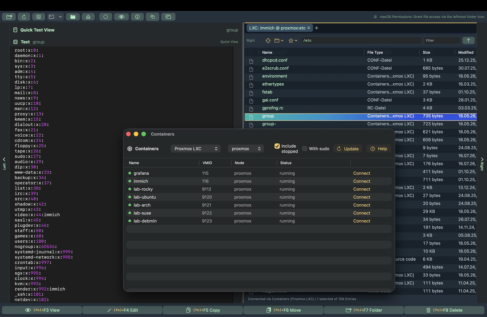Container-Fenster mit Proxmox-LXC-Liste (grafana, immich, lab-rocky, lab-ubuntu, lab-arch, lab-suse, lab-debmin); dahinter das Panel mit dem Verzeichnis /etc des Containers immich