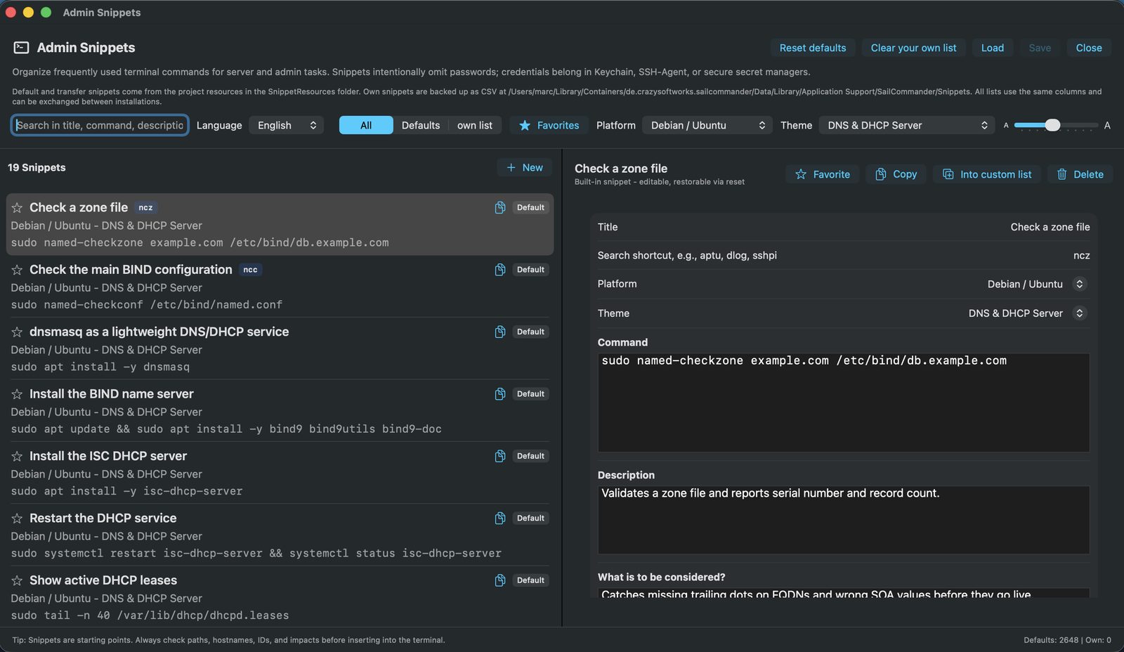 Admin-Snippet-Bibliothek: links die gefilterte Trefferliste zum Thema DNS und DHCP unter Debian/Ubuntu, rechts der Editor mit Titel, Kürzel, Plattform, Befehl, Beschreibung und Hinweisfeld