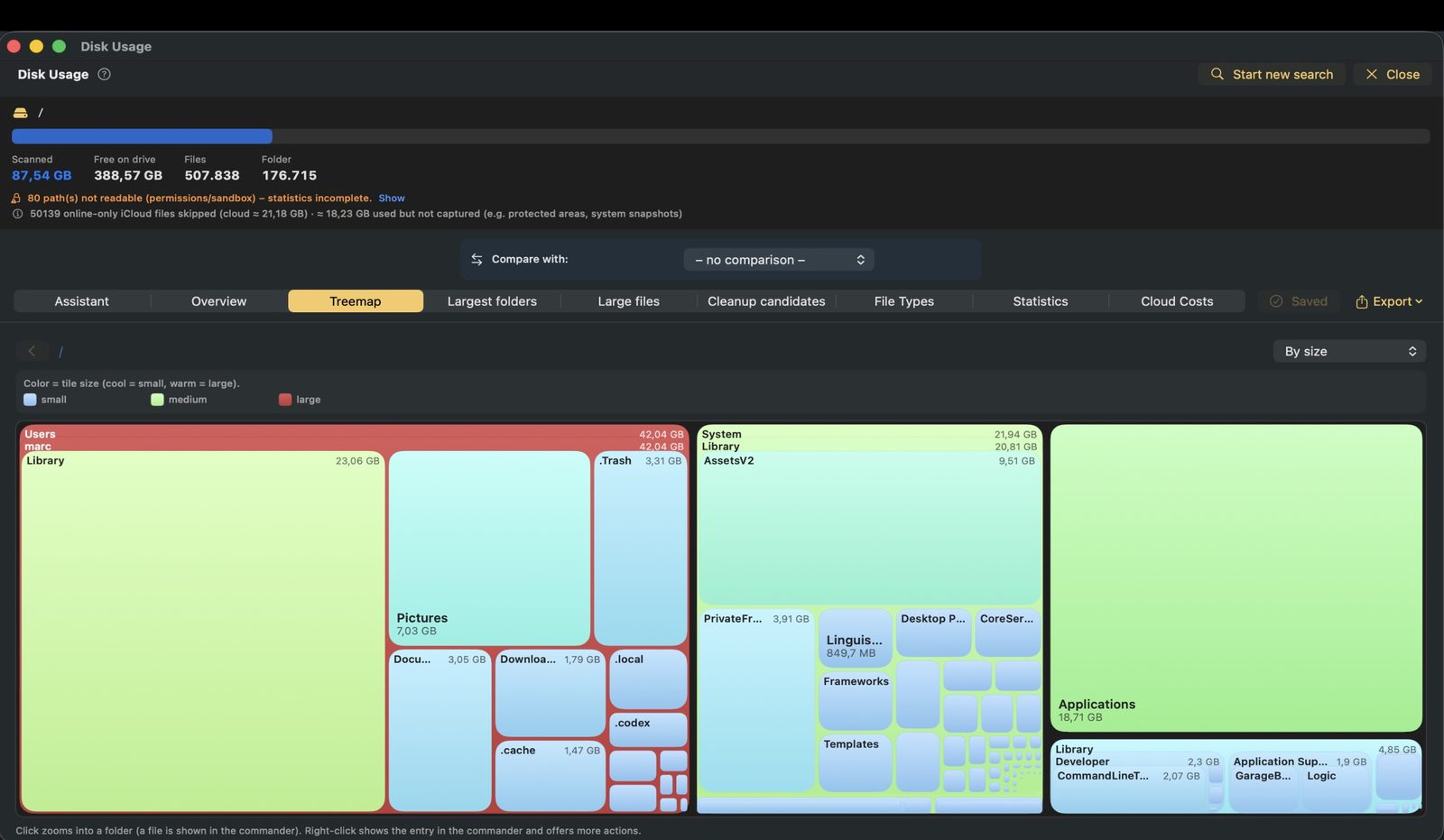 Laufwerksbelegung als Treemap: farbige Kacheln für Users, System und Applications mit Größenangaben, darüber die Reiter Assistent, Übersicht, Treemap, größte Ordner und weitere